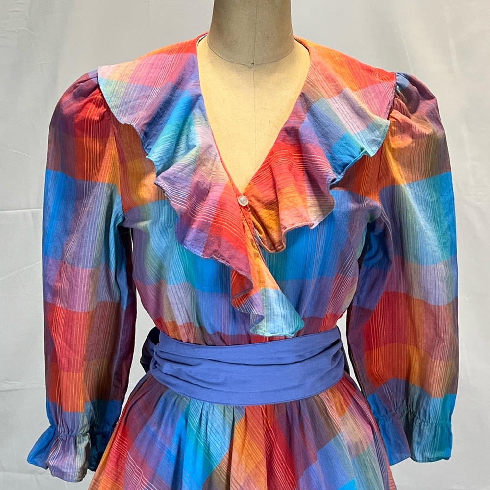 VINTAGE 80s plaid prairie dress ruffle poet collar a-line long sleeve midi‎ - Picture 5 of 17